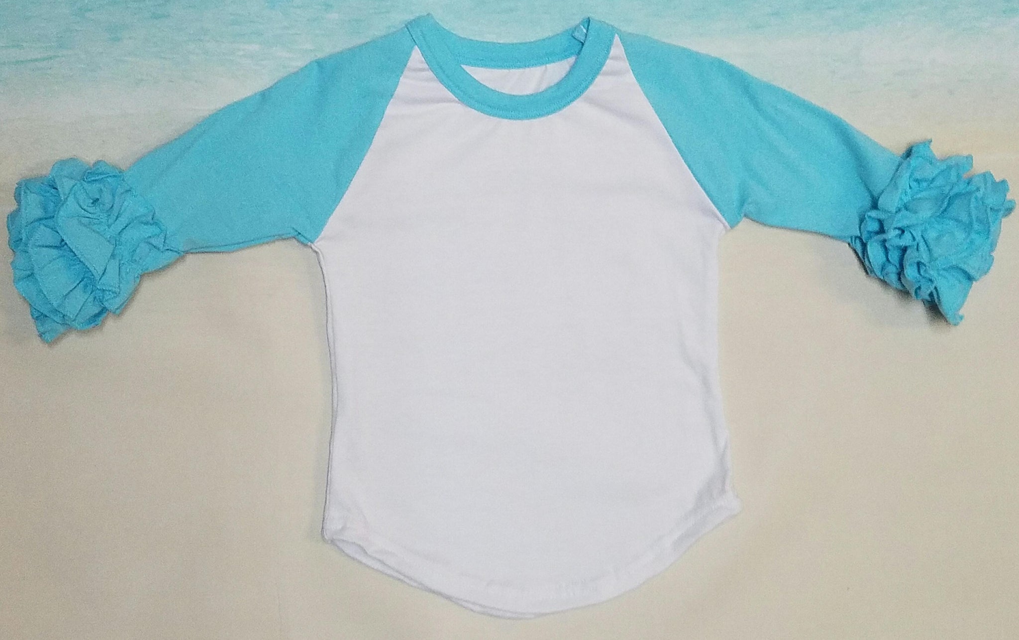 Aqua and White Ruffle Raglan, Perfect for Monograms - Momma G's Children's Boutique, Screen Printing, Embroidery & More