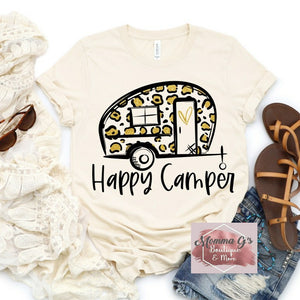 Happy Camper Gold and Leopard Tshirt - Momma G's Children's Boutique, Screen Printing, Embroidery & More